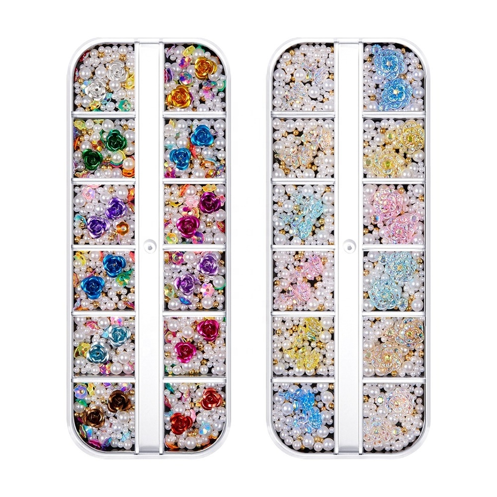 HENGXIN Colorful Mixed Pearl Shell Flower Butterfly Mini 3D Crystal Nail Rhinestone Glitter For DIY Nail Art Decoration