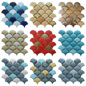 factory fan shaped fish scale ceramic mosaic wall tile blue glazed rough surface for washroom background wall decor