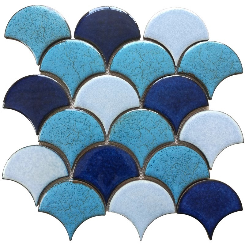 factory fan shaped fish scale ceramic mosaic wall tile blue glazed rough surface for washroom background wall decor