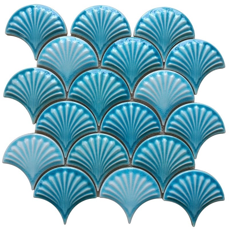 factory fan shaped fish scale ceramic mosaic wall tile blue glazed rough surface for washroom background wall decor