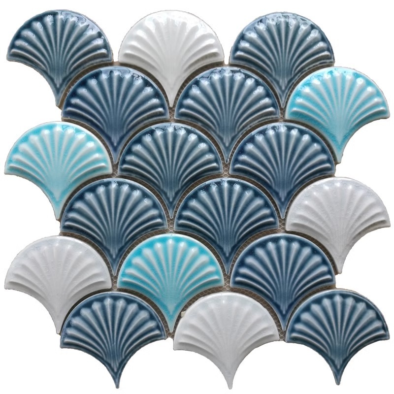 factory fan shaped fish scale ceramic mosaic wall tile blue glazed rough surface for washroom background wall decor