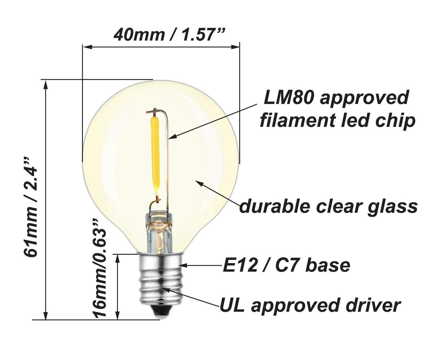 25 Pack G40 LED Replacement Bulb E12 Screw Base LED Globe Light Bulbs for Patio String Lights for wedding party decoration