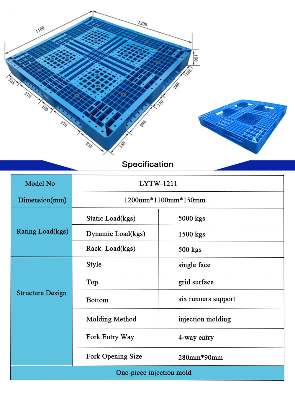 EURO plastic Pallet with six runners HDPE/PP blue pallet warehouse industry storage logistics pallet for sale 1200*1100*150mm