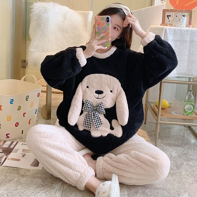 Winter 2 Pieces Flannel Cartoon Sleepwear Women Coral Fleece Long Sleeve Comfortable Pajamas Thick Warm