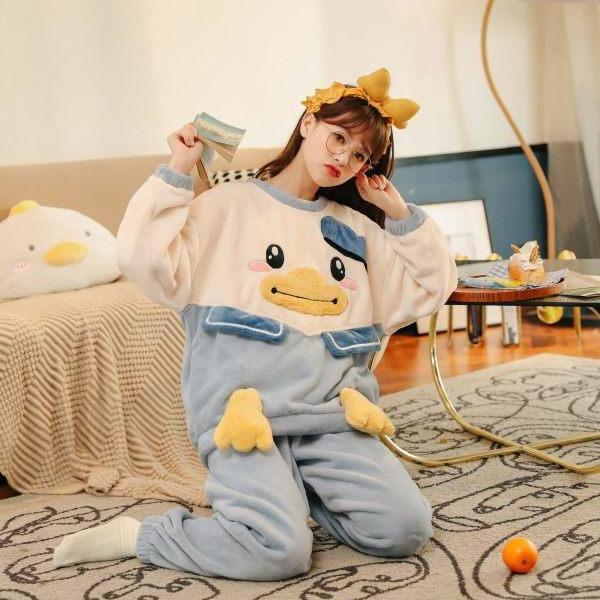 Winter Cartoon Duckling velvet Full Sleeve Round Neck Women Pajamas coral fleece sleepwear suit Cute