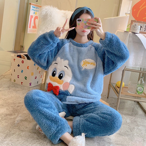 Winter 2 Pieces Flannel Cartoon Sleepwear Women Coral Fleece Long Sleeve Comfortable Pajamas Thick Warm