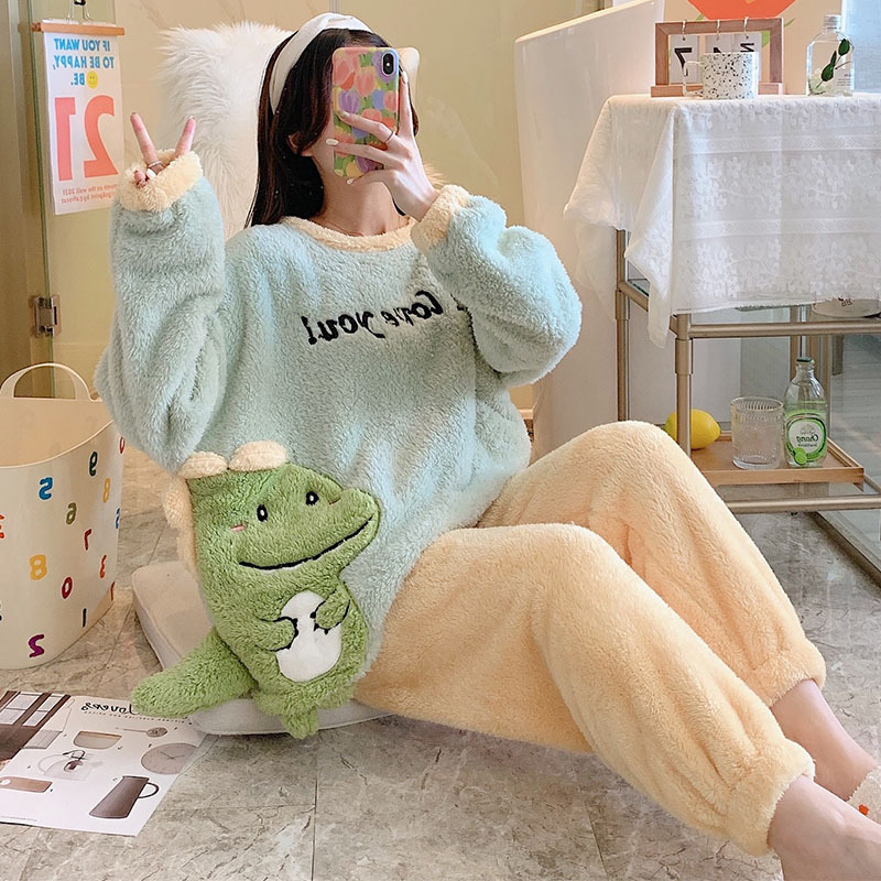 Winter 2 Pieces Flannel Cartoon Sleepwear Women Coral Fleece Long Sleeve Comfortable Pajamas Thick Warm