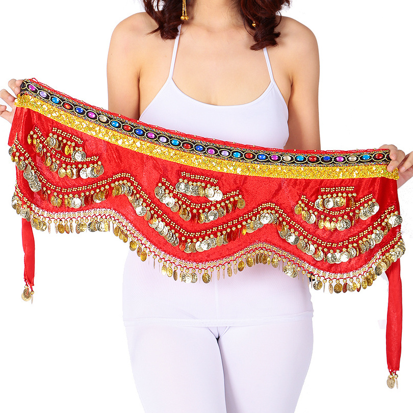 Women & Girls Sexy Belly Dance Scarf Wrap Mini Skirt Professional Gold Coins Hip Belt Indian Velvet Hip Scarf Bollywood Dance