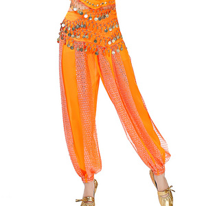 Women Sexy Indian Dance Harem Pants Sequin Belly Pants Carnival Performance Costume Chiffon Bellydance Trousers Stretchy Waist