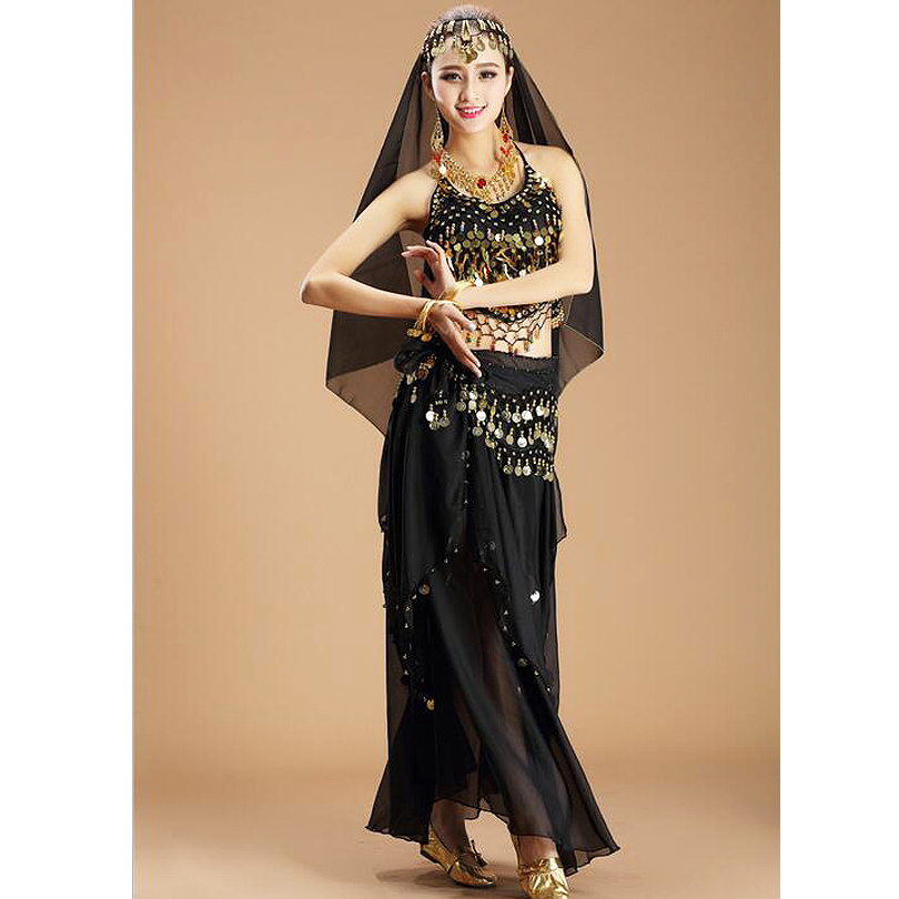 Manufacturer Direct Selling 11 colors  Belly Dance Costume Indian Costumes Sequin Coins Tops and Skirt Set for Women