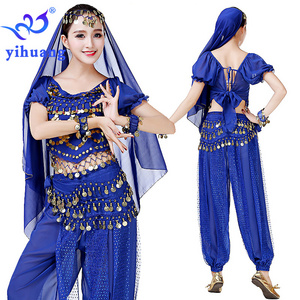 Sexy Bollywood Dance Suit for Girls Indian Belly Dancing Performance Set Party Wear Paillettes Coins 6pcs Royal Blue