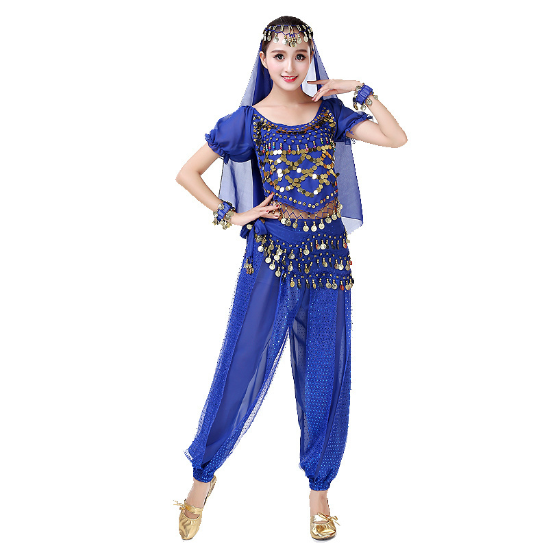 Sexy Bollywood Dance Suit for Girls Indian Belly Dancing Performance Set Party Wear Paillettes Coins 6pcs Royal Blue