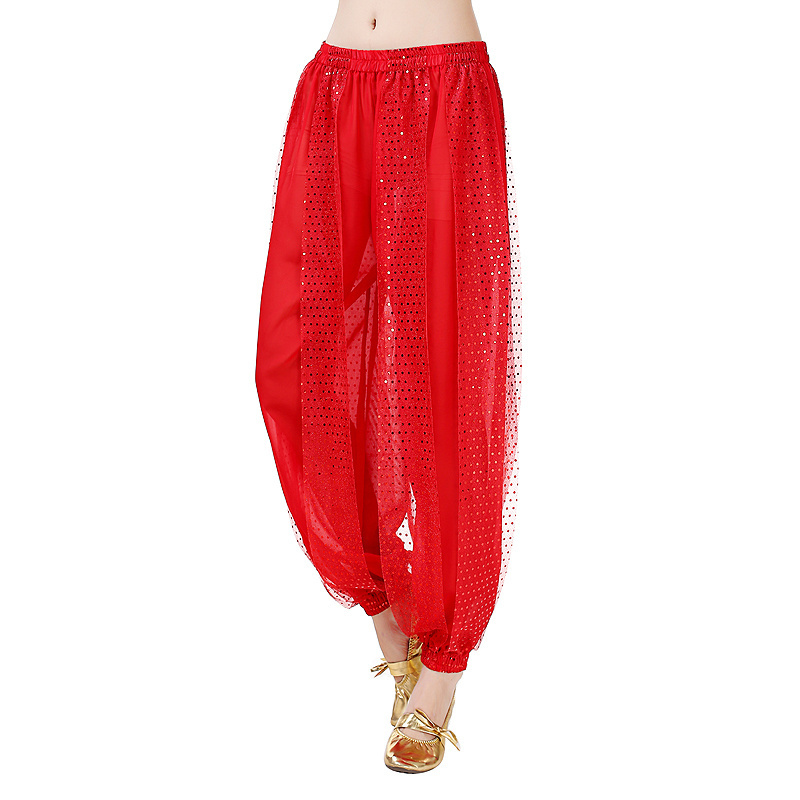 Women Sexy Indian Dance Harem Pants Sequin Belly Pants Carnival Performance Costume Chiffon Bellydance Trousers Stretchy Waist