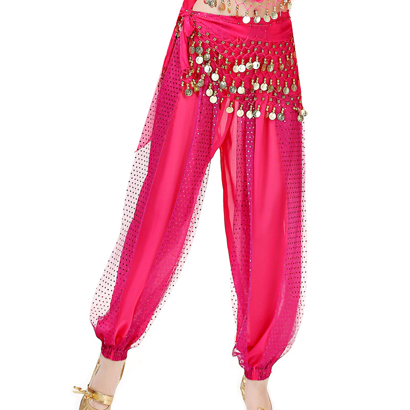 Women Sexy Indian Dance Harem Pants Sequin Belly Pants Carnival Performance Costume Chiffon Bellydance Trousers Stretchy Waist