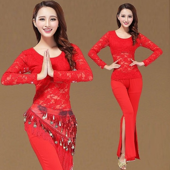 Women Sexy Long Sleeve Latin/Belly Dance/Tango Training Suit  Model Fiber Lace Bellylady Costume Bollywood Dress Set