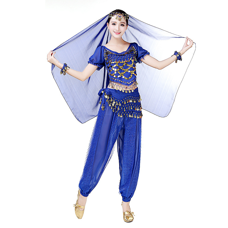 Sexy Bollywood Dance Suit for Girls Indian Belly Dancing Performance Set Party Wear Paillettes Coins 6pcs Royal Blue