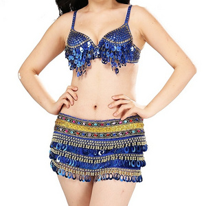 Sexy Sequined Beading Costumes Halloween Performance Costume Set Bra Belt Festival Skirt Belly Dance Performance Wear 2pcs Set