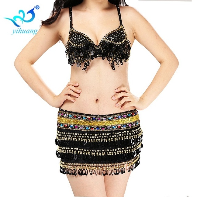 Sexy Sequined Beading Costumes Halloween Performance Costume Set Bra Belt Festival Skirt Belly Dance Performance Wear 2pcs Set