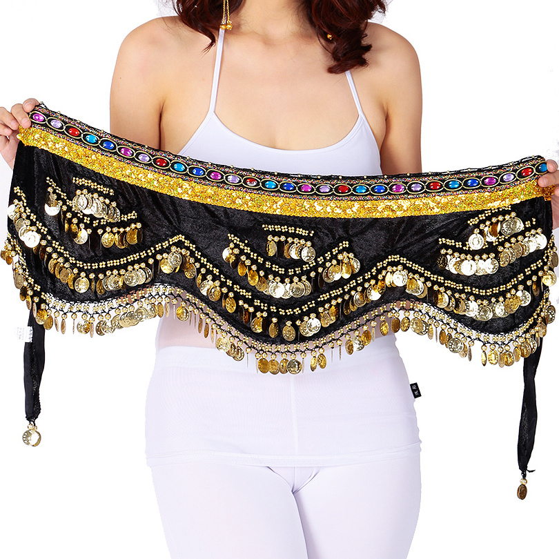 Women & Girls Sexy Belly Dance Scarf Wrap Mini Skirt Professional Gold Coins Hip Belt Indian Velvet Hip Scarf Bollywood Dance