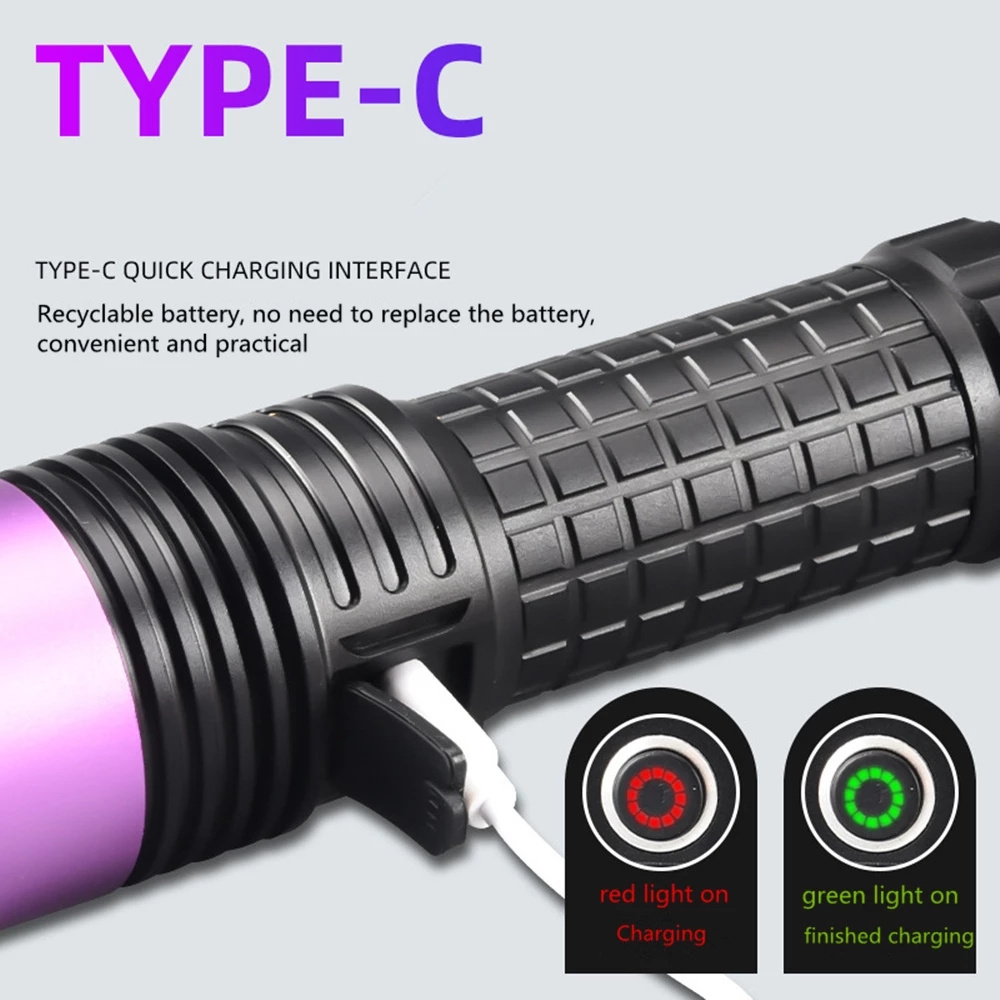 Powerful 365NM UV Flashlight Black Mirror Purple light 60W Fluorescent Oil Pollution Detection Torch Rechargeable 26650 Lantern