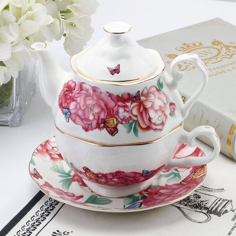 European bone china office tea pot cup set flower blossom pattern teacup set ceramic coffee pot