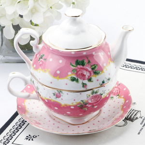 European bone china office tea pot cup set flower blossom pattern teacup set ceramic coffee pot