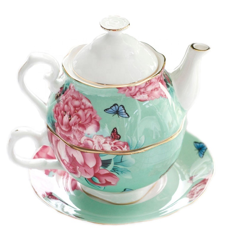 European bone china office tea pot cup set flower blossom pattern teacup set ceramic coffee pot