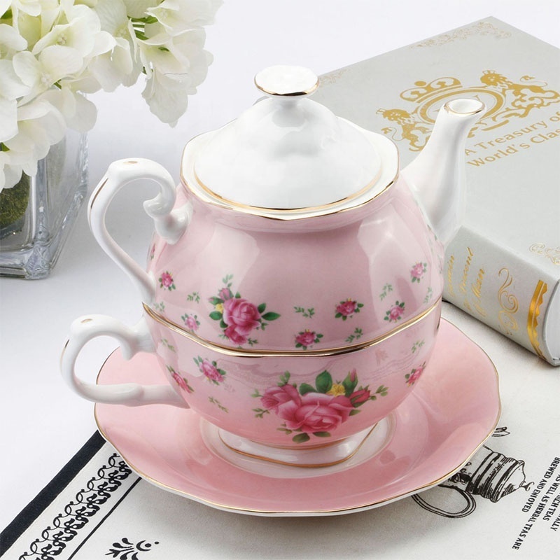 European bone china office tea pot cup set flower blossom pattern teacup set ceramic coffee pot