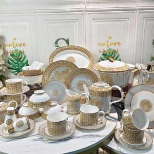 Wholesale royal Luxury tableware sets 58 pcs bone china golden mosaic western ceramic dinnerware sets