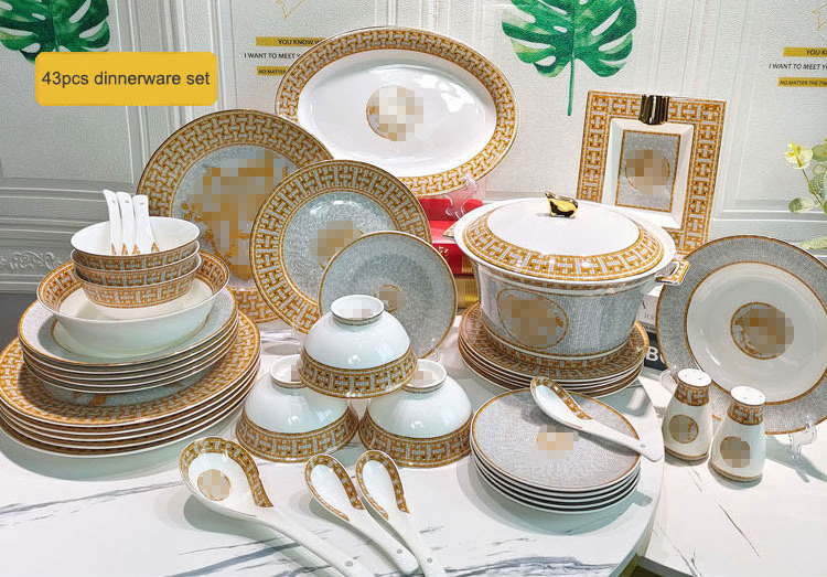 Wholesale royal Luxury tableware sets 58 pcs bone china golden mosaic western ceramic dinnerware sets