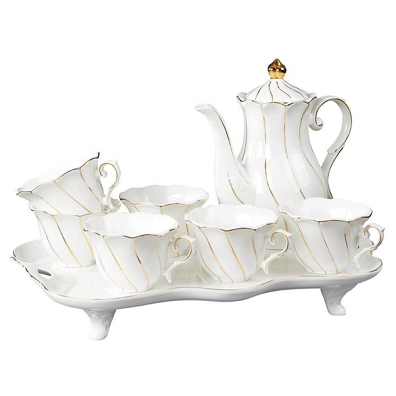 Wholesale ceramic tea kettle set fine porcelain gold line pattern royal British tea cup coffee set