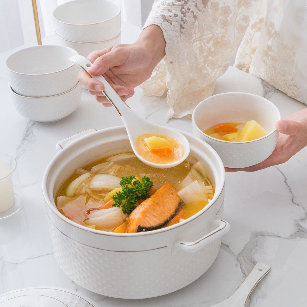 White small soup pot set with cover embossed gold painted ceramic soup pot