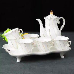 Wholesale ceramic tea kettle set fine porcelain gold line pattern royal British tea cup coffee set