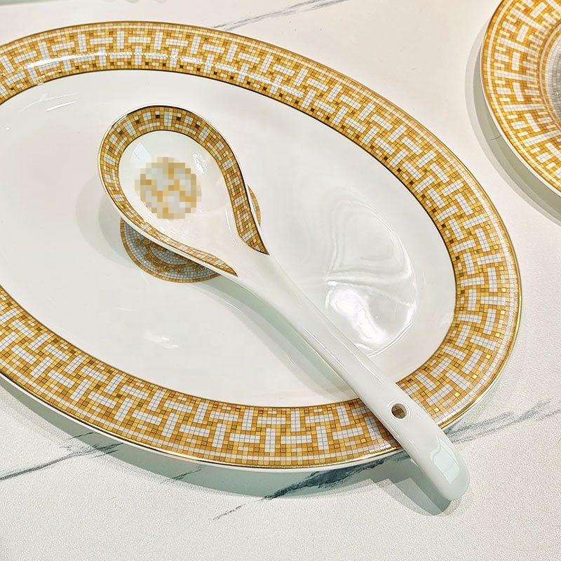 Wholesale royal Luxury tableware sets 58 pcs bone china golden mosaic western ceramic dinnerware sets