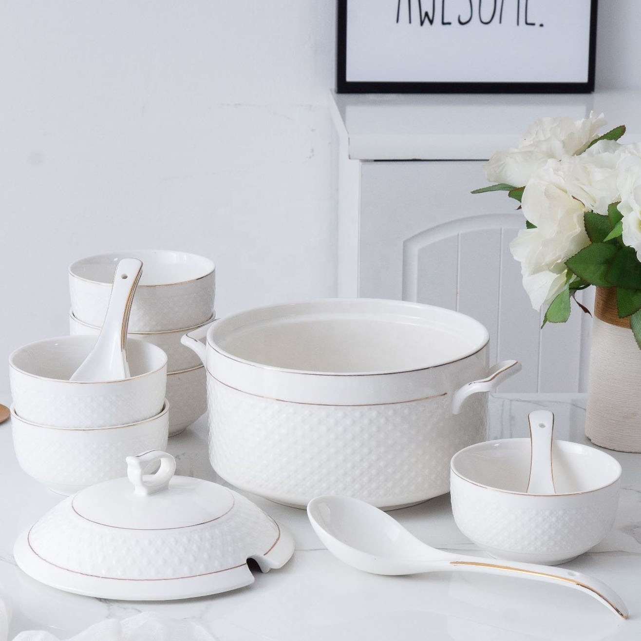 White small soup pot set with cover embossed gold painted ceramic soup pot