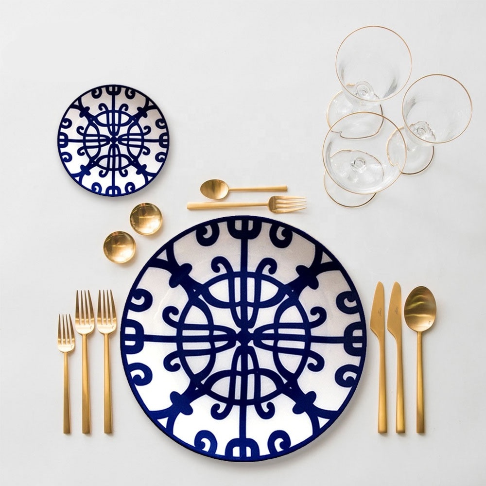 European ceramic plates blue wrought iron design dinnerware set  luxury bone china antiques dinner plate sets