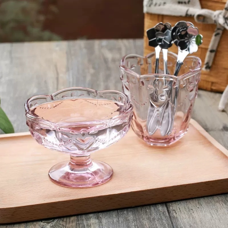 Cherry Blossom Peach Heart Glass Small Bowl Ice Cream Cup Ice Cream Bowl Dessert Bowl