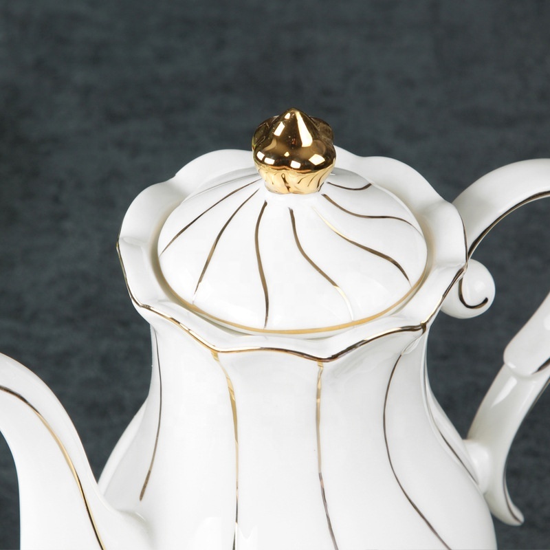 Wholesale ceramic tea kettle set fine porcelain gold line pattern royal British tea cup coffee set