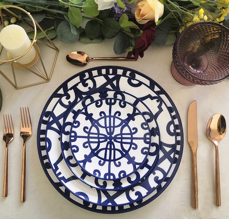 European ceramic plates blue wrought iron design dinnerware set  luxury bone china antiques dinner plate sets