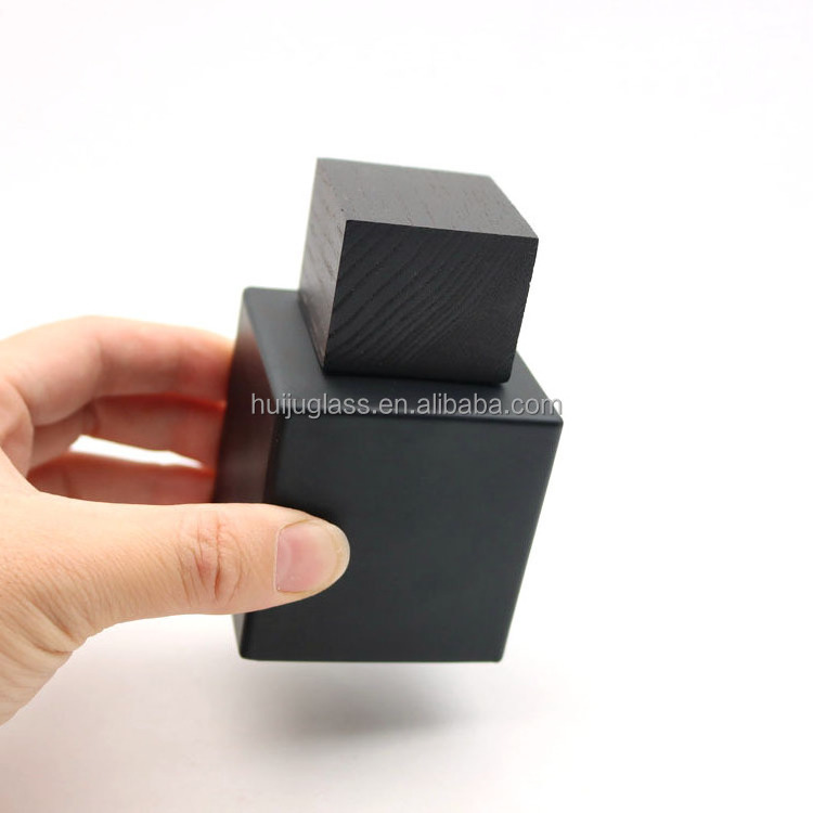 custom logo black square shape luxury perfume spray empty bottles with wooden cap 50ml 100ml