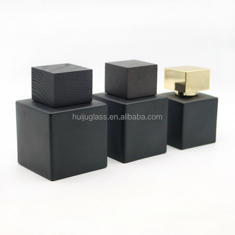 custom logo black square shape luxury perfume spray empty bottles with wooden cap 50ml 100ml