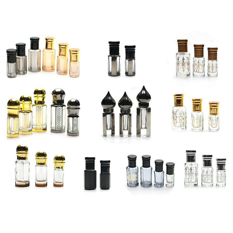 custom gold logo 3ml 6ml 12ml print glass attar perfume oil octagonal bottle with roll on / stick for oud oil