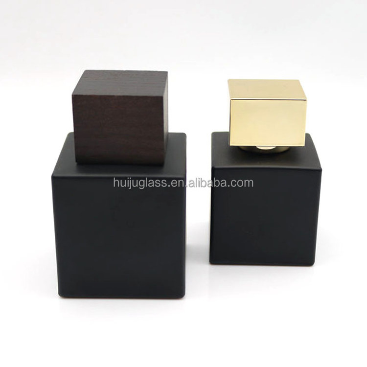 custom logo black square shape luxury perfume spray empty bottles with wooden cap 50ml 100ml