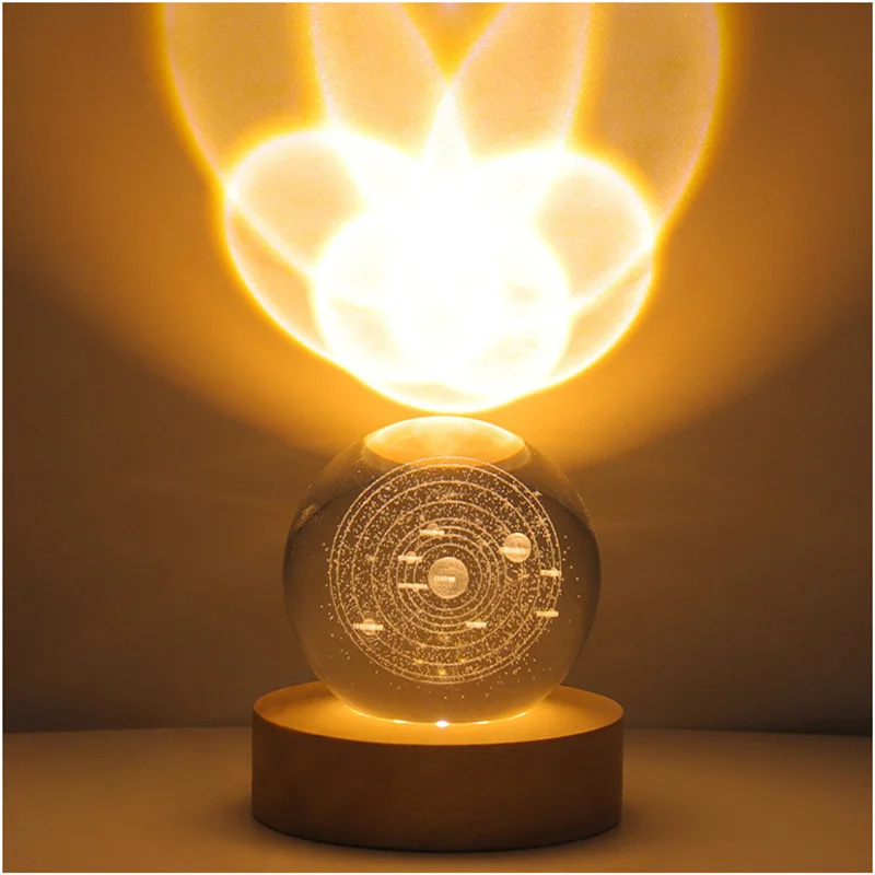 Dropshipping Ball Decor Lights Wooden Base Star Moon LED Light 3D Crystal LED Night Lamp For Gifts