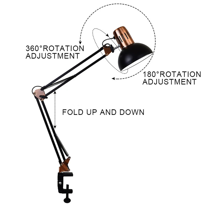 Metal Long Arm Folding Clip Mounted Reading Lamp Vintage Desk Nail Manicure Table Fill Light for Writing Study LED Light Fixture