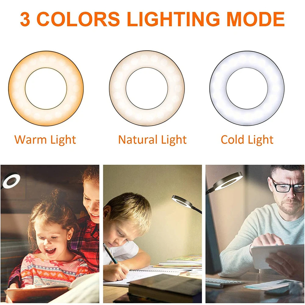 LED Desk Lamp with Clamp adjustable Brightness Desktop Reading selfie flashlight Modern USB Night Light for Home live streaming