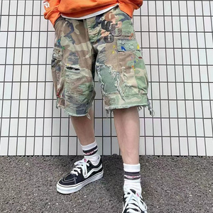 HL shorts manufacturer custom vintage washed raw edge shorts men leather patched applique distressed camo cargo shorts