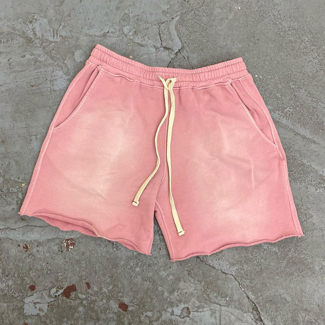 huili hot selling acid wash blank cotton shorts men custom cut edge raw hem vintage washed sun faded shorts