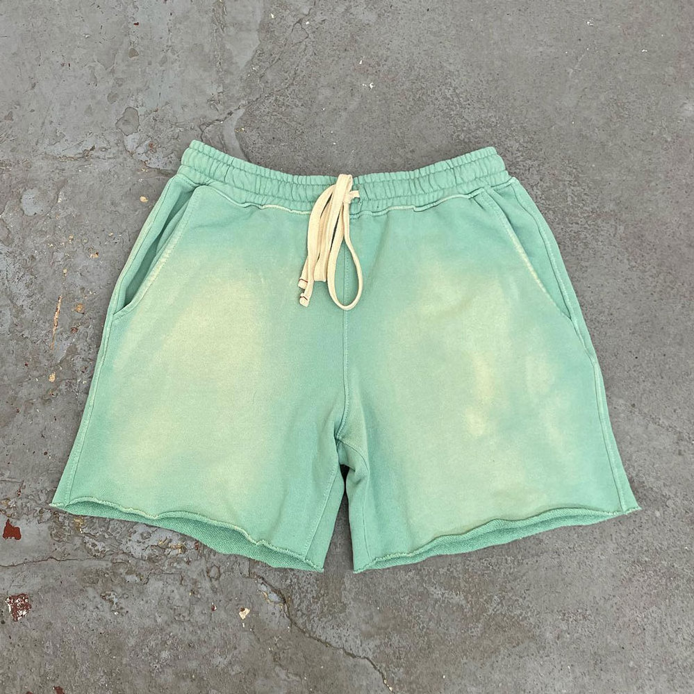 huili hot selling acid wash blank cotton shorts men custom cut edge raw hem vintage washed sun faded shorts