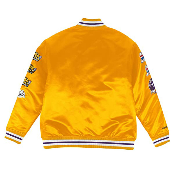 Factory Directly Custom  basketball team chenille patched embroidery logo Mens Gold Long Sleeve Satin Jacket